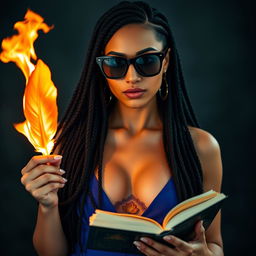 A captivating woman with many braids of black hair and fair skin, wearing stylish black sunglasses