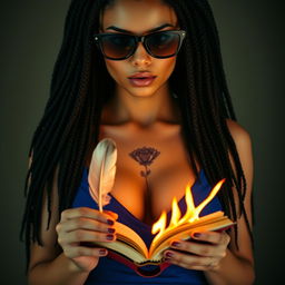 A captivating woman with many braids of black hair and fair skin, wearing stylish black sunglasses