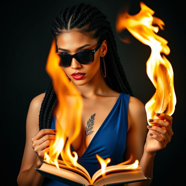 A captivating woman with many braids of black hair and fair skin, wearing stylish black sunglasses