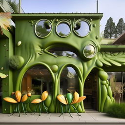 An exterior elevation view of a whimsical grasshopper-themed cafe, with grasshopper sculptures adorning the building. The facade should be in vibrant shades of green with leaf-inspired architectural features and windows resembling insect eyes. The signage also reflects the bug theme.