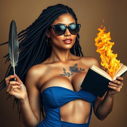 A beautiful woman with many braids in her black hair, fair skin, and wearing black sunglasses