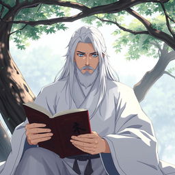 A man without a beard, with long white hair and blue eyes, wearing a white Chinese Hanfu, has a cold expression on his face
