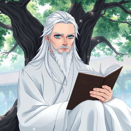 A man without a beard, with long white hair and blue eyes, wearing a white Chinese Hanfu, has a cold expression on his face