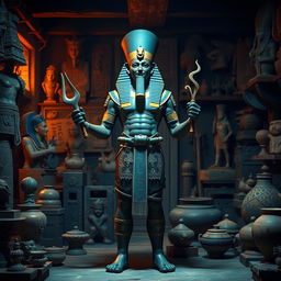 The figure of Ptah, the creator god of ancient Egypt, standing boldly in a workshop filled with sculptures and artworks