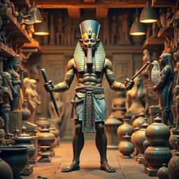 The figure of Ptah, the creator god of ancient Egypt, standing boldly in a workshop filled with sculptures and artworks