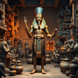 The figure of Ptah, the creator god of ancient Egypt, standing boldly in a workshop filled with sculptures and artworks