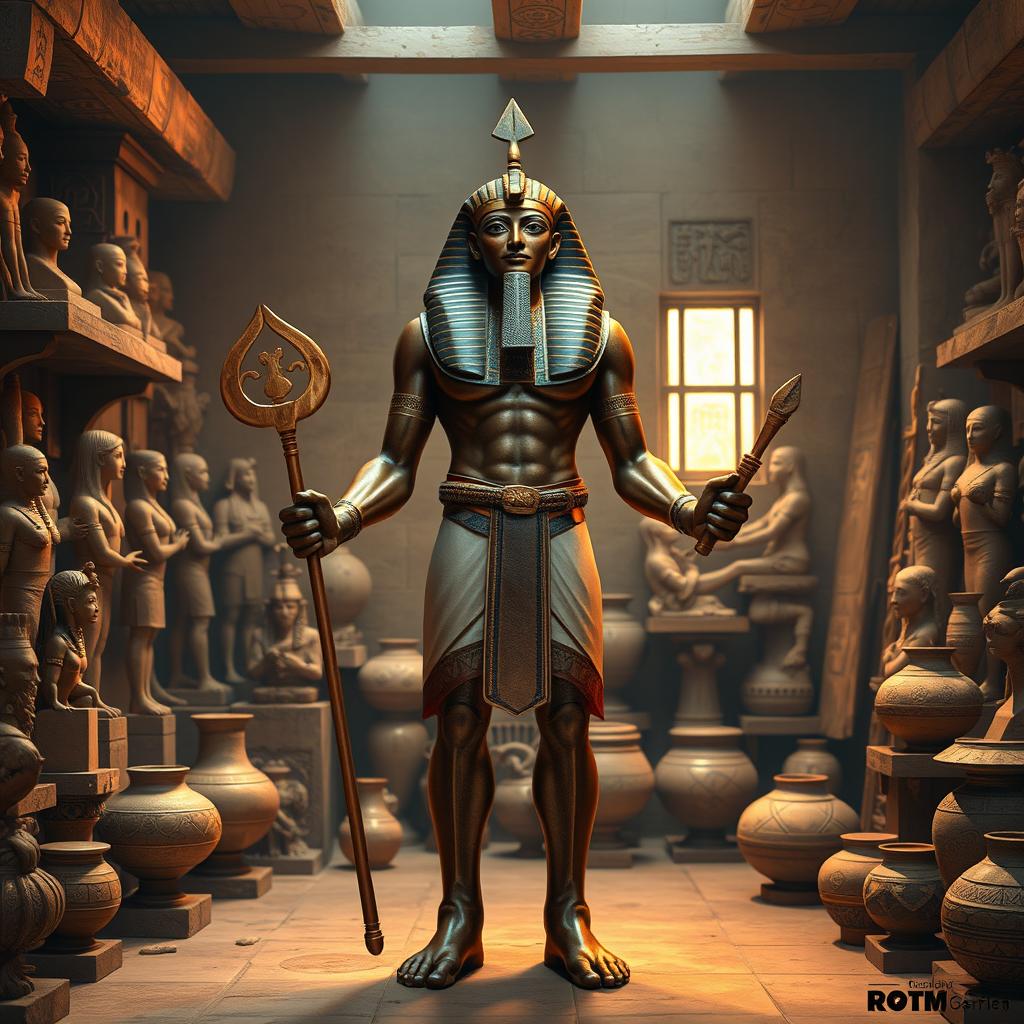 The figure of Ptah, the creator god of ancient Egypt, standing boldly in a workshop filled with sculptures and artworks