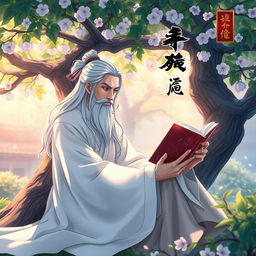 A book cover design for a Chinese novel, featuring a man without a beard, with long white hair, dressed in a traditional white hanfu