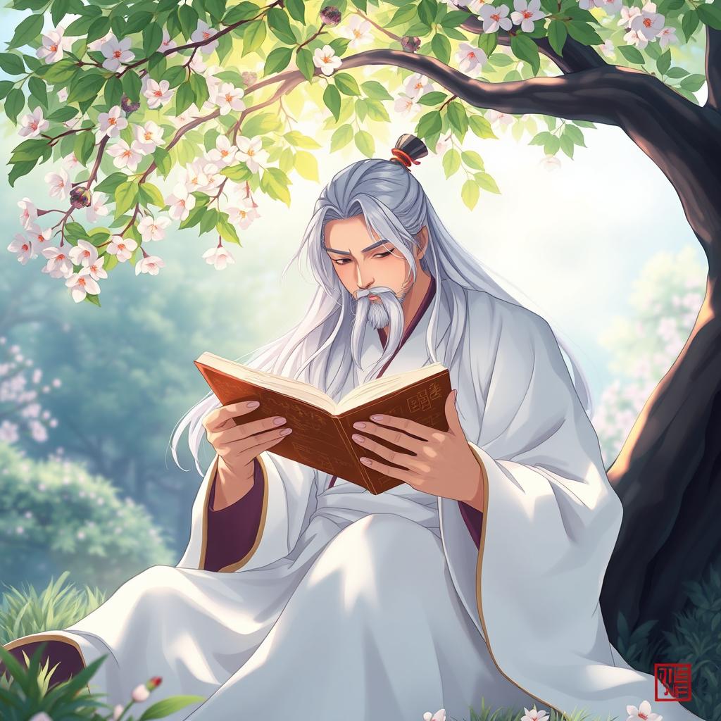 A book cover design for a Chinese novel, featuring a man without a beard, with long white hair, dressed in a traditional white hanfu