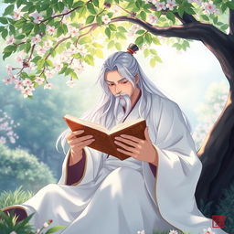 A book cover design for a Chinese novel, featuring a man without a beard, with long white hair, dressed in a traditional white hanfu