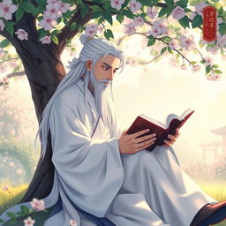 A book cover design for a Chinese novel, featuring a man without a beard, with long white hair, dressed in a traditional white hanfu