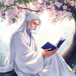 A book cover design for a Chinese novel, featuring a man without a beard, with long white hair, dressed in a traditional white hanfu