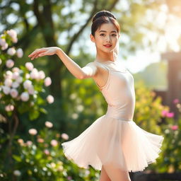 A beautiful Korean girl performing an elegant ballet pose in a serene outdoor setting