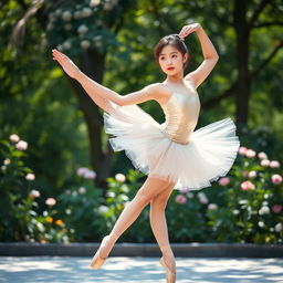 A beautiful Korean girl performing an elegant ballet pose in a serene outdoor setting