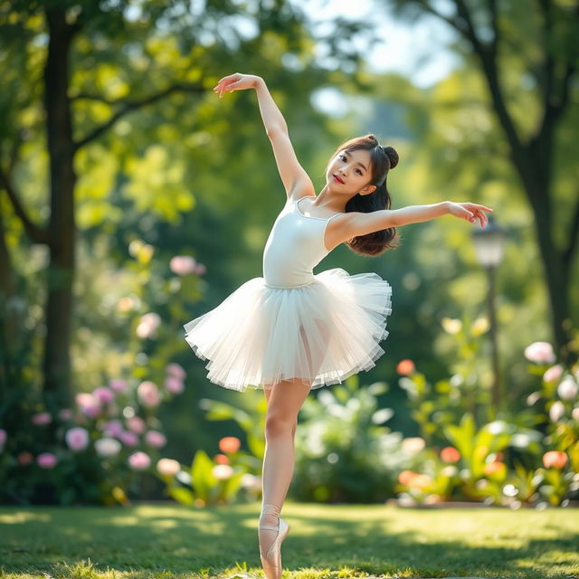 A beautiful Korean girl performing an elegant ballet pose in a serene outdoor setting