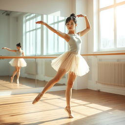 A beautiful Korean girl gracefully performing a ballet pose in a sunlit studio