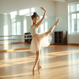 A beautiful Korean girl gracefully performing a ballet pose in a sunlit studio