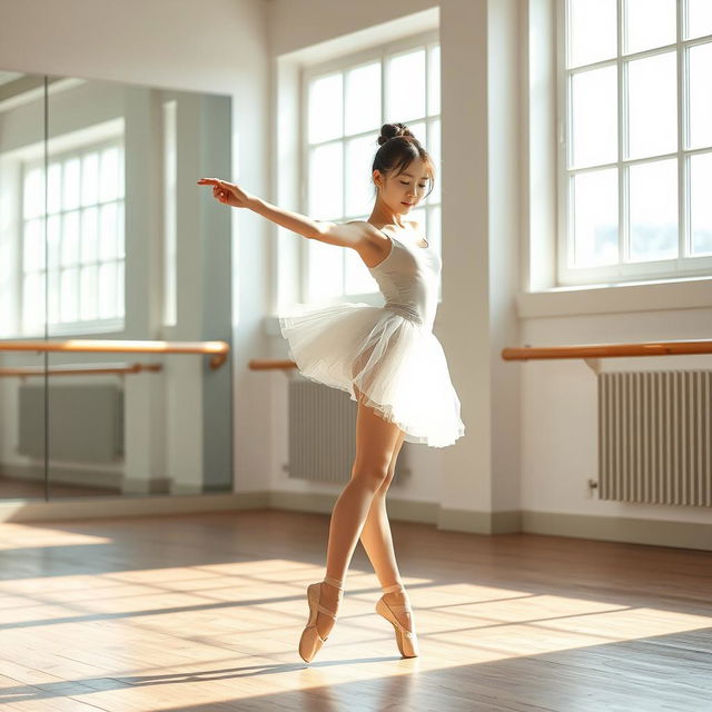 A beautiful Korean girl gracefully performing a ballet pose in a sunlit studio