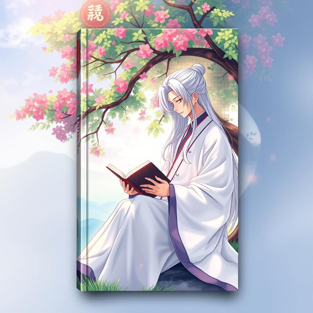 A captivating book cover design for a Chinese novel, featuring a beautiful man with long white hair dressed in a white hanfu, peacefully reading a book under a lush tree