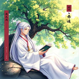 A captivating book cover design for a Chinese novel, featuring a beautiful man with long white hair dressed in a white hanfu, peacefully reading a book under a lush tree