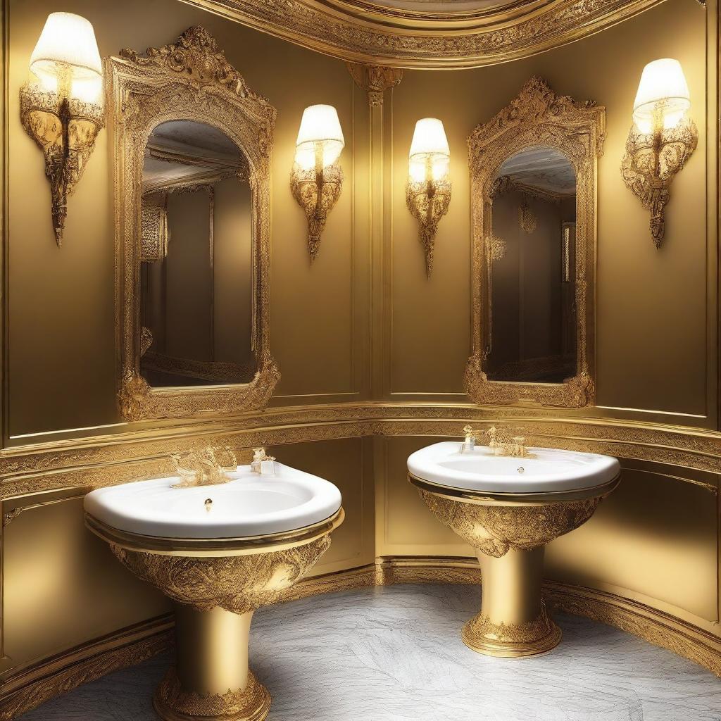 Indulgence captured in a lavishly decorated golden public bathroom, featuring regally designed urinals