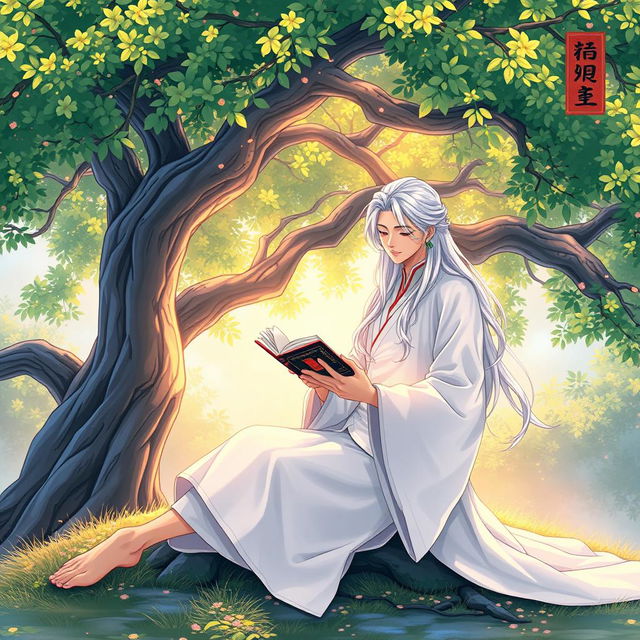 A captivating book cover design for a Chinese novel, featuring a beautiful man with long white hair dressed in a white hanfu, peacefully reading a book under a lush tree