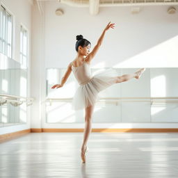 A beautiful Korean girl elegantly performing a ballet pose in a bright, airy dance studio