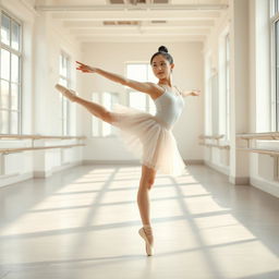 A beautiful Korean girl elegantly performing a ballet pose in a bright, airy dance studio