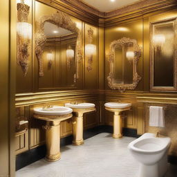 Indulgence captured in a lavishly decorated golden public bathroom, featuring regally designed urinals