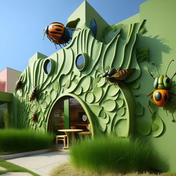 An exterior elevation view of a whimsical grasshopper-themed cafe, with grasshopper sculptures adorning the building. The facade should be in vibrant shades of green with leaf-inspired architectural features and windows resembling insect eyes. The signage also reflects the bug theme.