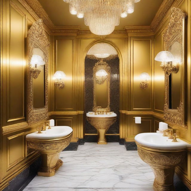 Indulgence captured in a lavishly decorated golden public bathroom, featuring regally designed urinals