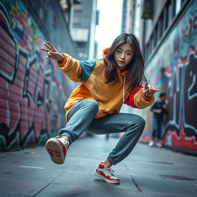 A beautiful Korean girl energetically performing a hip hop dance move in an urban setting