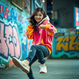 A beautiful Korean girl energetically performing a hip hop dance move in an urban setting