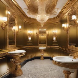 Indulgence captured in a lavishly decorated golden public bathroom, featuring regally designed urinals