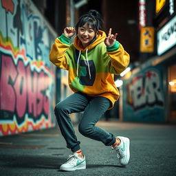 A beautiful Korean girl energetically performing a hip hop dance move in an urban setting