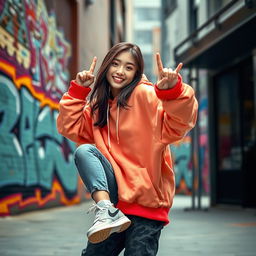 A beautiful Korean girl energetically performing a hip hop dance move in an urban setting