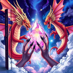 An epic book cover featuring a magical crystal surrounded by soaring Chinese dragons