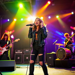 A beautiful Korean girl passionately singing rock music on stage, surrounded by a full band