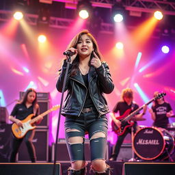 A beautiful Korean girl passionately singing rock music on stage, surrounded by a full band