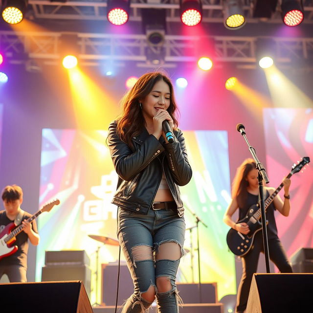 A beautiful Korean girl passionately singing rock music on stage, surrounded by a full band