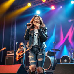 A beautiful Korean girl passionately singing rock music on stage, surrounded by a full band