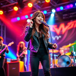 A beautiful Korean girl passionately singing rock music on stage with a full band