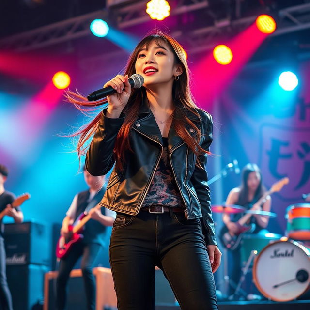 A beautiful Korean girl passionately singing rock music on stage with a full band