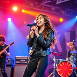 A beautiful Korean girl passionately singing rock music on stage with a full band