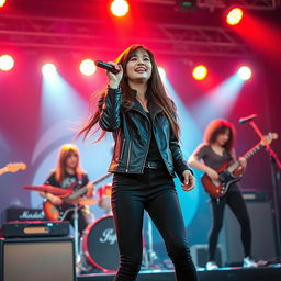 A beautiful Korean girl passionately singing rock music on stage with a full band