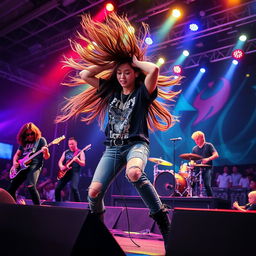 A beautiful Korean girl energetically head banging on stage during a rock performance with a full band