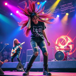 A beautiful Korean girl energetically head banging on stage during a rock performance with a full band