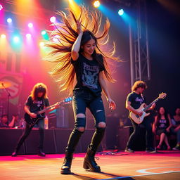 A beautiful Korean girl energetically head banging on stage during a rock performance with a full band