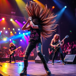 A beautiful Korean girl energetically head banging on stage during a rock performance with a full band