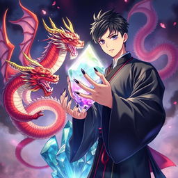 An epic book cover featuring a magical crystal surrounded by floating Chinese dragons